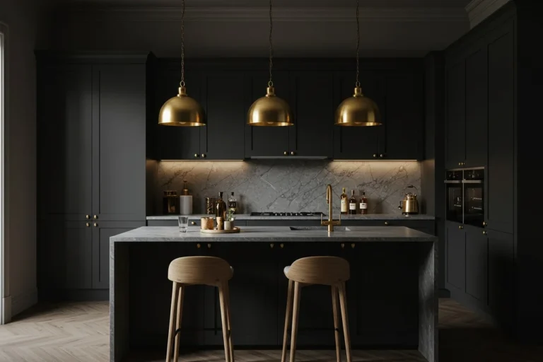 Elegant dark kitchen with black cabinets, gold lights, and marble counters