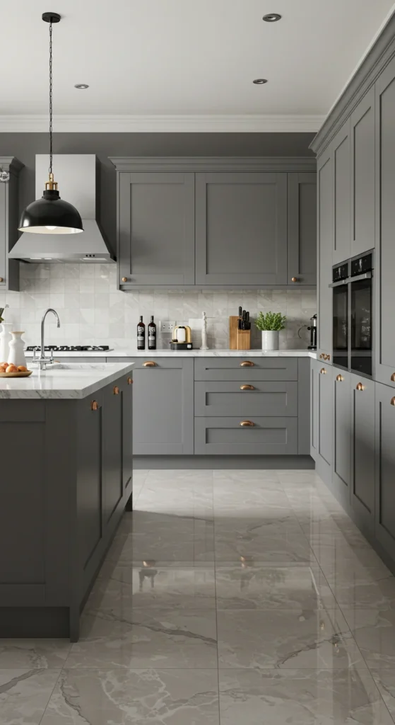 7 Classic Kitchen Flooring Ideas That Never Go Out of Style Elegant kitchen with marble-look porcelain tile flooring and modern design