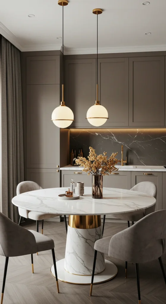 7 Beautiful Kitchen Table Ideas to Upgrade Your Dining Area Elegant white marble kitchen table with gold-accented base