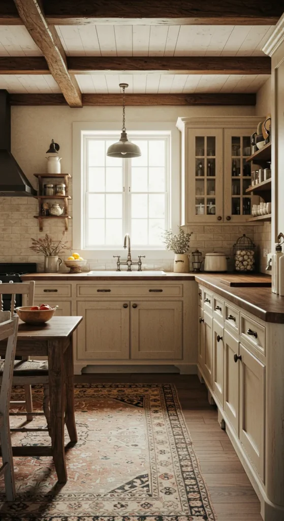 10 Beautiful Beige Kitchens That Inspire Warmth Farmhouse beige kitchen with vintage rustic charm