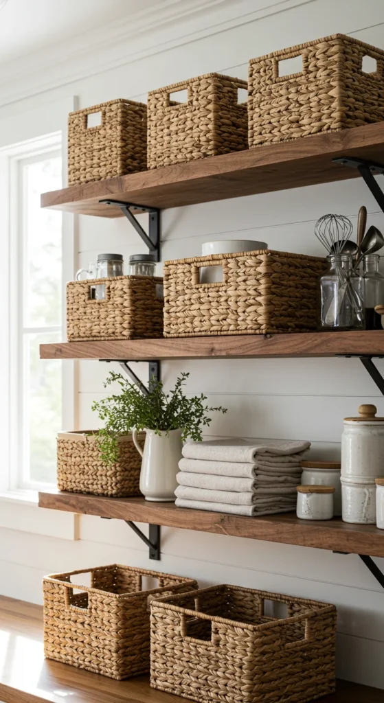 8 Kitchen Shelving Ideas for Stylish Storage Farmhouse kitchen shelves with decorative storage baskets