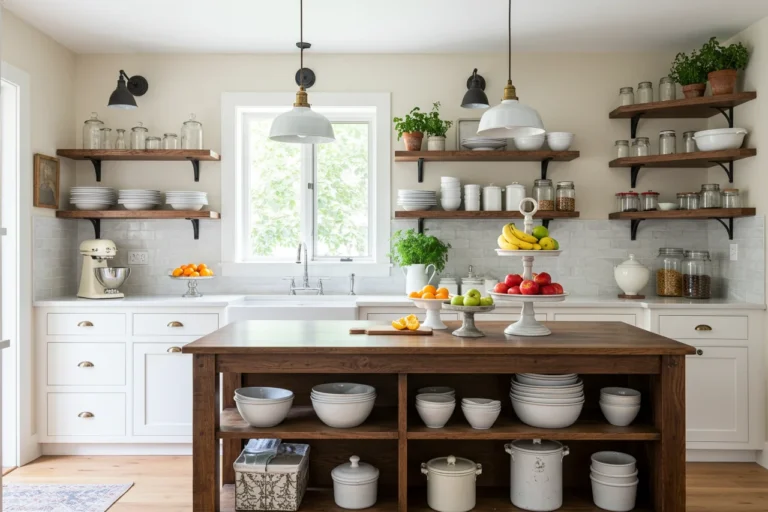 Farmhouse kitchen showing multiple shelving ideas in one cozy layout