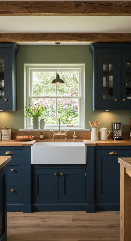 8 Irresistible Moody Kitchen Ideas Farmhouse kitchen with navy and sage color palette