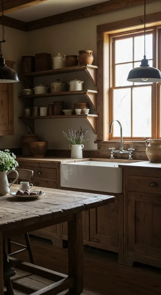 6 Vintage Kitchen Trends That Are Back in Style Farmhouse kitchen with wooden table and vintage decor
