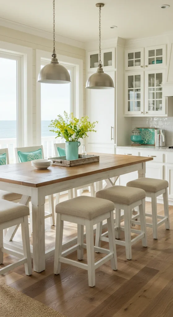 Farmhouse table and coastal furnishings in a bright kitchen