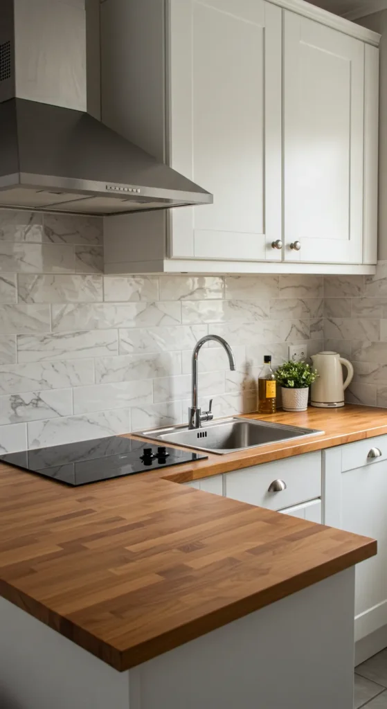 8 Stunning Kitchen Backsplash Ideas to Try Now Faux marble peel-and-stick backsplash in DIY kitchen
