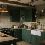 Featured moody farmhouse kitchen with green cabinets and wood accents