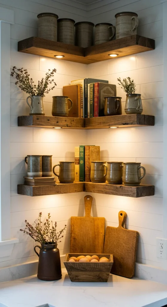 8 Kitchen Shelving Ideas for Stylish Storage Floating shelves with cookbooks and lighting in a rustic kitchen