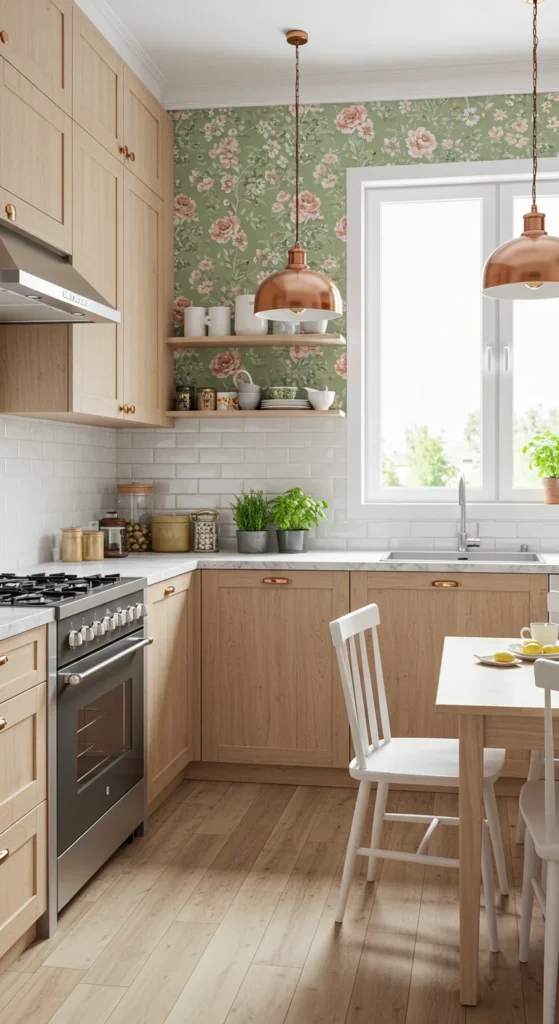 8 Kitchen Accent Wall Ideas Floral wallpaper accent wall in a bright kitchen