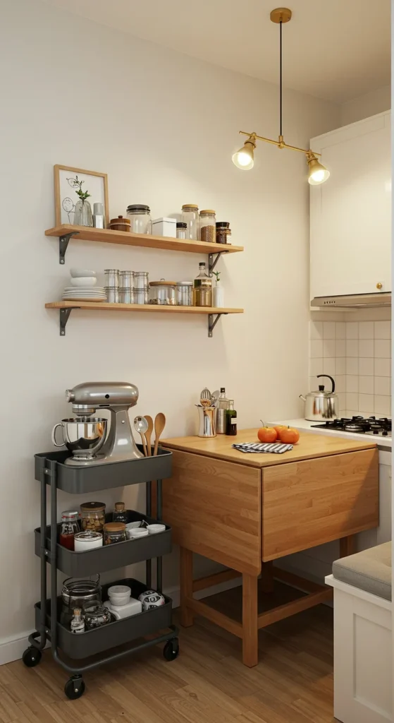 6 Mini Kitchen Design Ideas That Maximize Small Spaces Foldable table and bar cart in a tiny kitchen setup