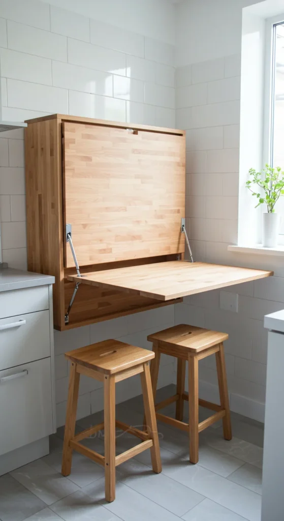 10 Creative Mini Kitchen Ideas for Small Spaces Folding table in a mini kitchen with stools tucked underneath