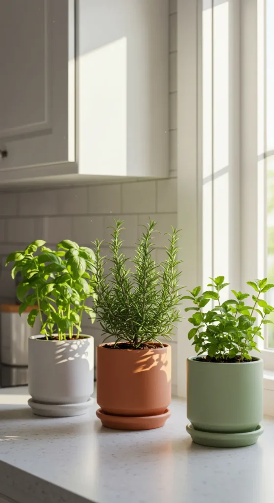 9 Kitchen Counter Decor Ideas That Blend Style & Function Fresh herbs in pots on a sunlit kitchen counter