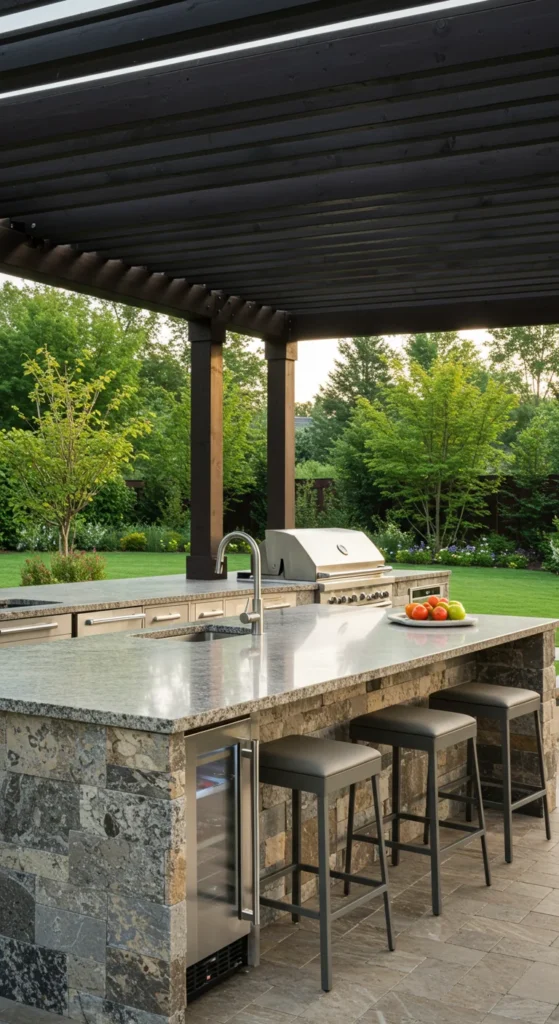 9 Inspiring Backyard Kitchen Ideas You'll Love Fully equipped outdoor kitchen with island bar and pergola