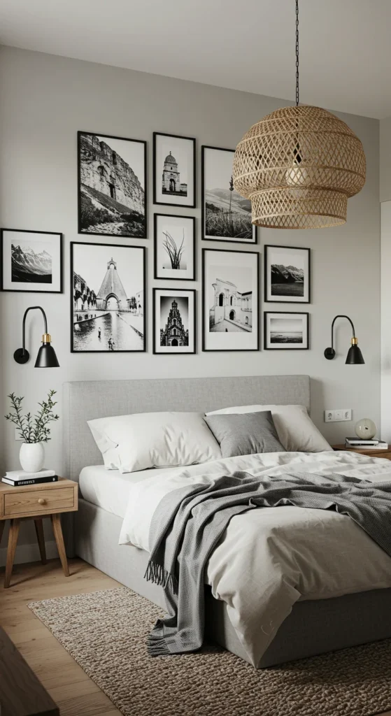7 Cozy Bedroom Ideas for a Warm, Relaxing Retreat Gallery wall and pendant light creating bedroom focal point