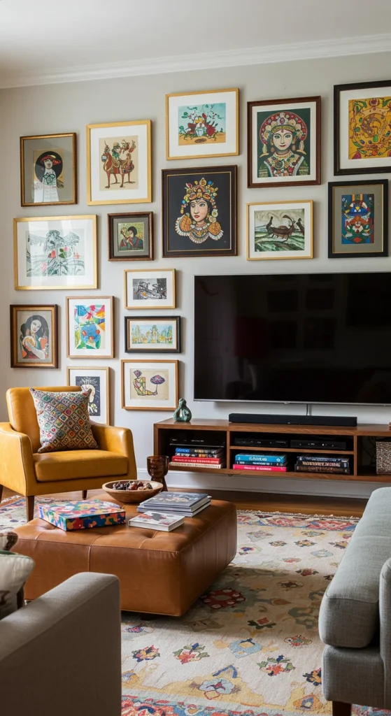 7 Stylish Living Room TV Wall Ideas You’ll Love Gallery wall with framed art and TV in stylish living room
