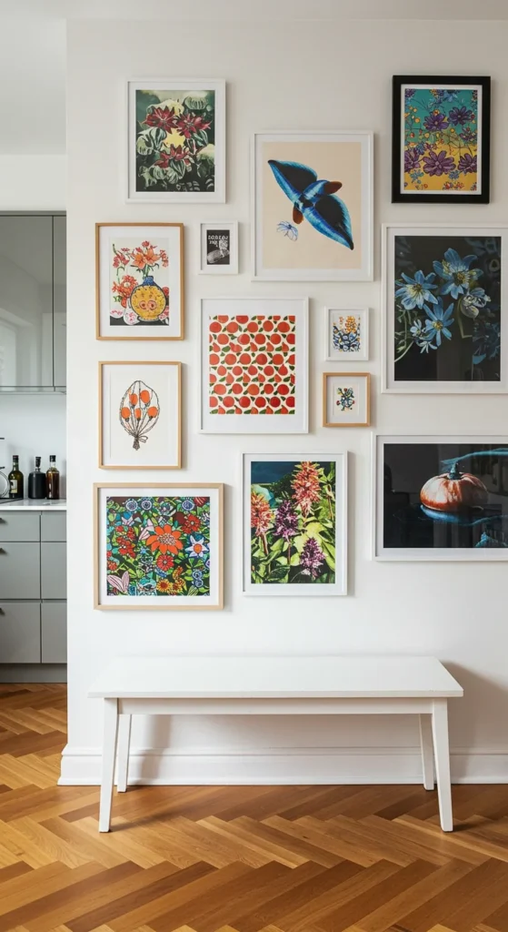 8 Kitchen Accent Wall Ideas Gallery wall with mixed artwork and photos in a kitchen