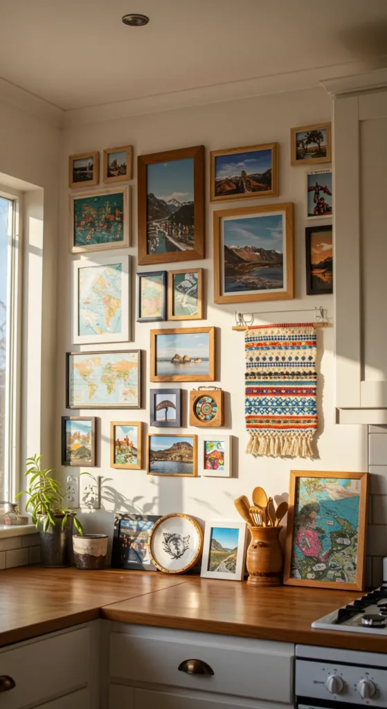 9 Beautiful Boho Kitchen Ideas You Need To Try Gallery wall with personal art in a boho kitchen