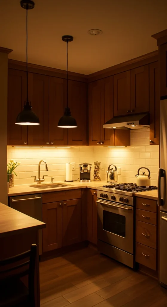 8 Galley Kitchen Design Ideas Galley kitchen with layered lighting solutions