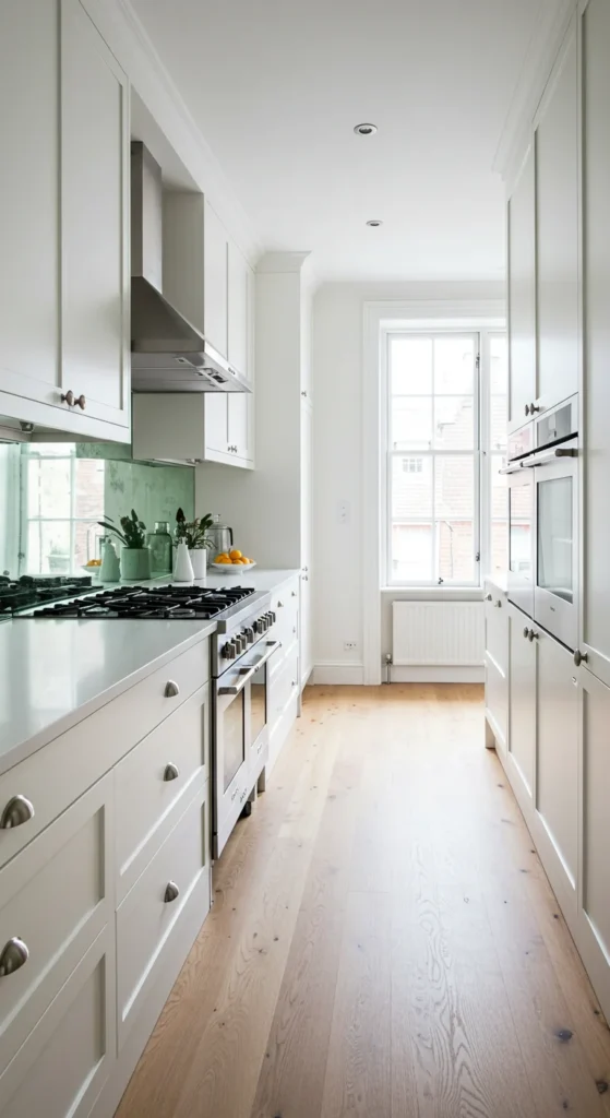 8 Galley Kitchen Design Ideas Galley kitchen with mirrored backsplash for space