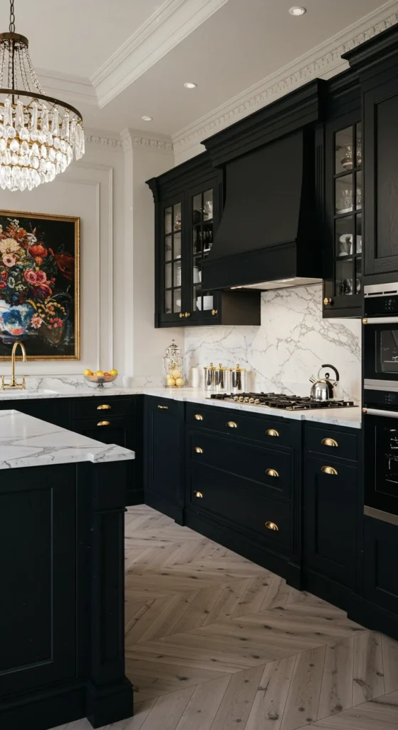 7 Bold Black Kitchen Cabinets to Elevate Your Space Glam kitchen with black cabinets, marble surfaces, and gold touches