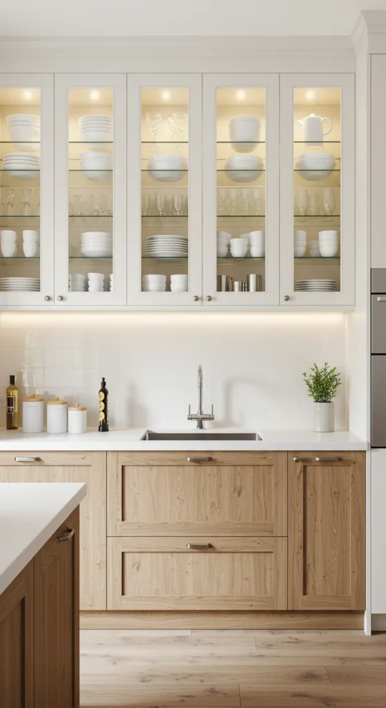 6 Elegant Cabinet Styles That Redefine Elegance Glass-front cabinets showing stylish dishware in a sunny kitchen