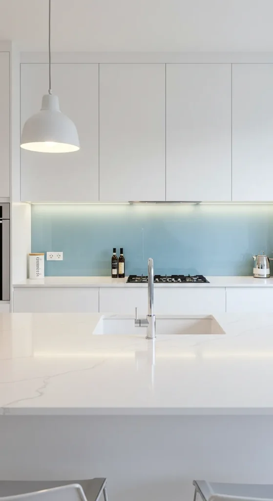 8 Stunning Kitchen Backsplash Ideas to Try Now Glossy blue glass backsplash in a modern kitchen