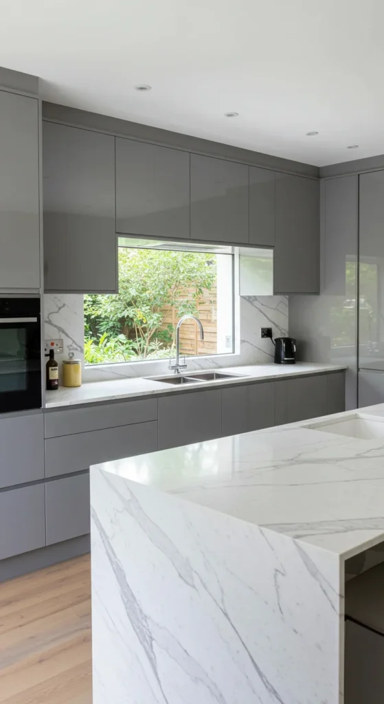 9 Stylish Modern Kitchen Cabinet Designs We Love Glossy gray kitchen cabinets reflecting natural light