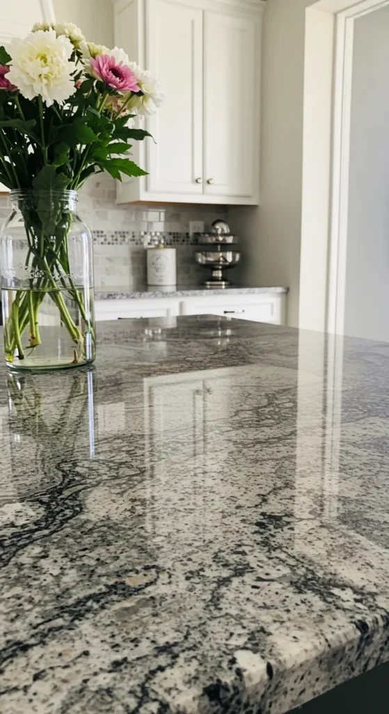 6 Kitchen Countertop Materials You Must Know Granite countertop with elegant natural veining in a white kitchen
