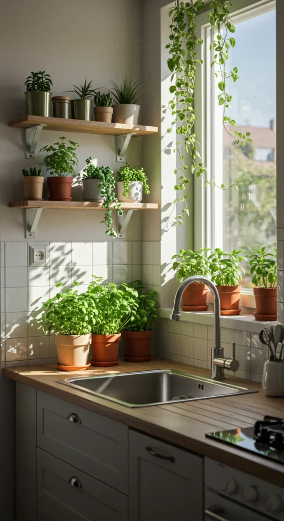 6 Tiny Kitchen Ideas Perfect for Small Minimalist Spaces Greenery and herbs brighten a tiny kitchen with fresh, natural vibes