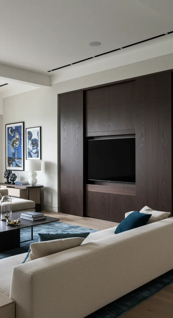 7 Stylish Living Room TV Wall Ideas You’ll Love Hidden TV behind art panel in elegant living room