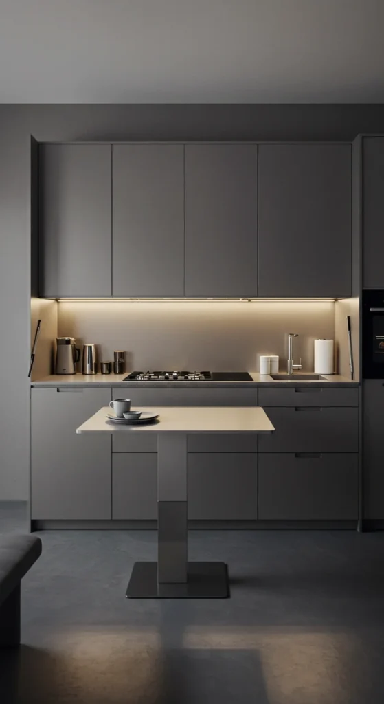 6 Minimalist Kitchen Sets for Small, Stylish Spaces Black and white minimalist kitchen with sleek lines