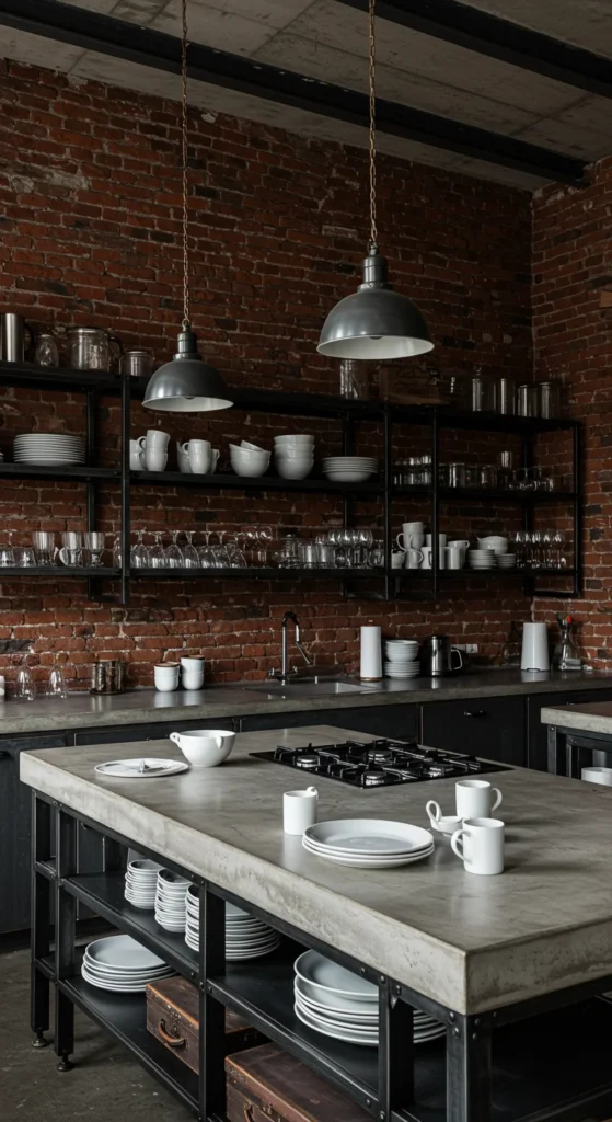 6 Stylish Black and White Kitchen Design Ideas Industrial black and white kitchen with exposed brick and metal accents