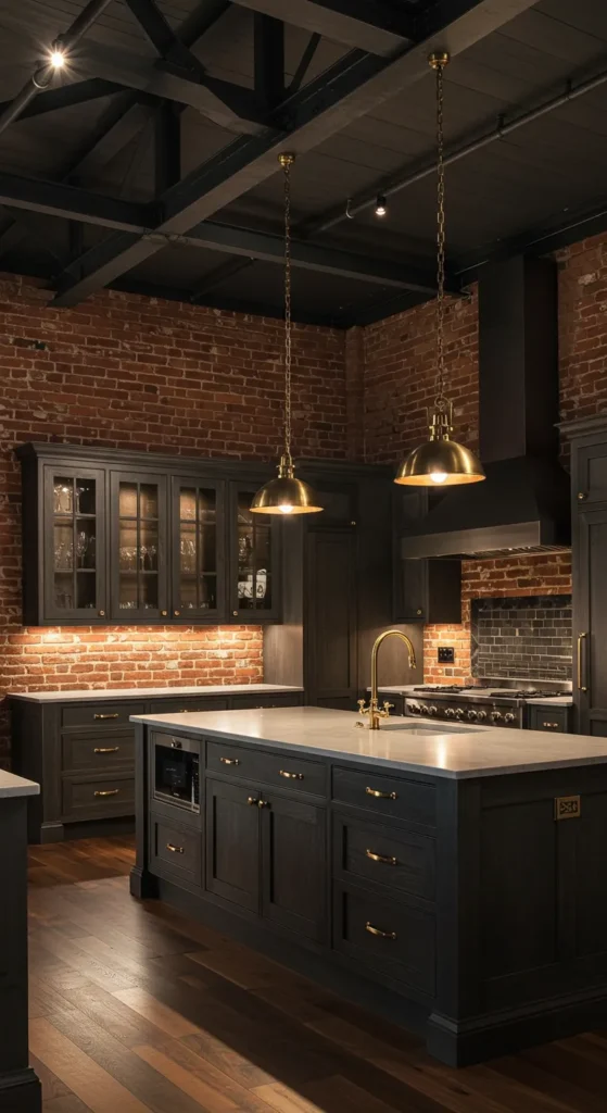 6 Luxury Kitchen Ideas to Elevate Your Dream Space Industrial chic kitchen with brick walls and brass fixtures