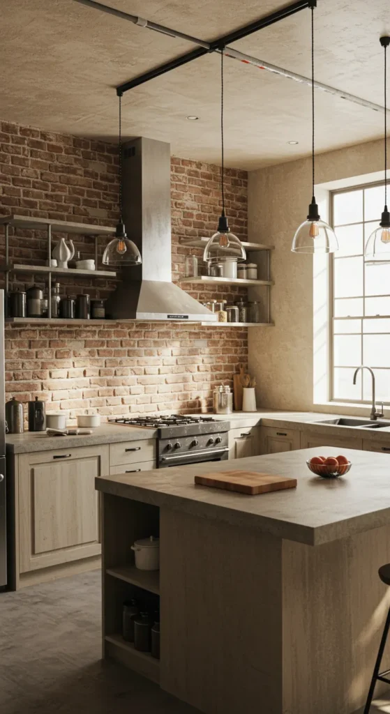 10 Beautiful Beige Kitchens That Inspire Warmth Industrial kitchen with beige concrete and exposed brick