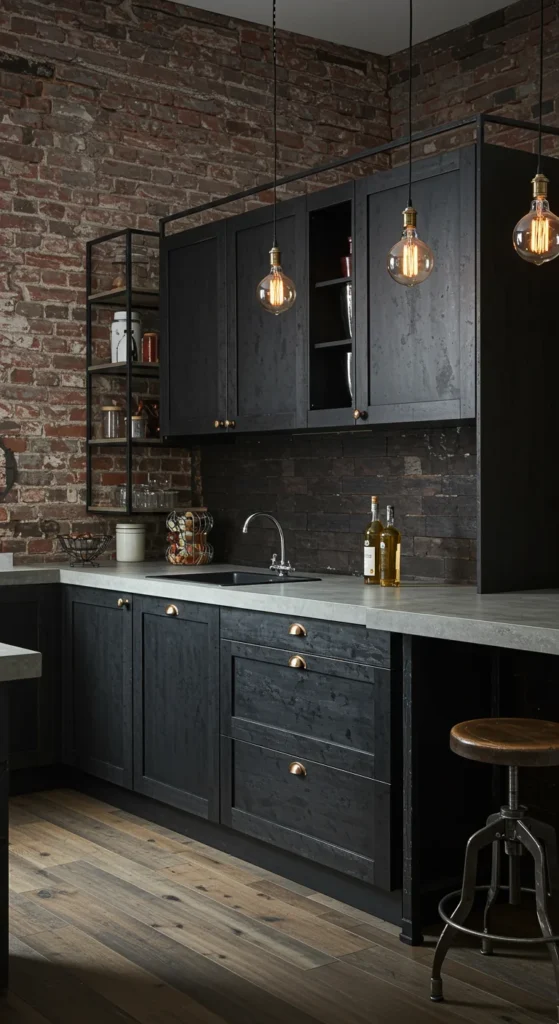 7 Bold Black Kitchen Cabinets to Elevate Your Space Industrial kitchen with black cabinets and concrete accents