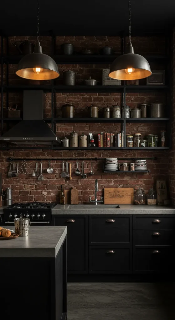 8 Stunning Black Kitchen Ideas That Ooze Chic Style Industrial kitchen with black metal elements and brick walls
