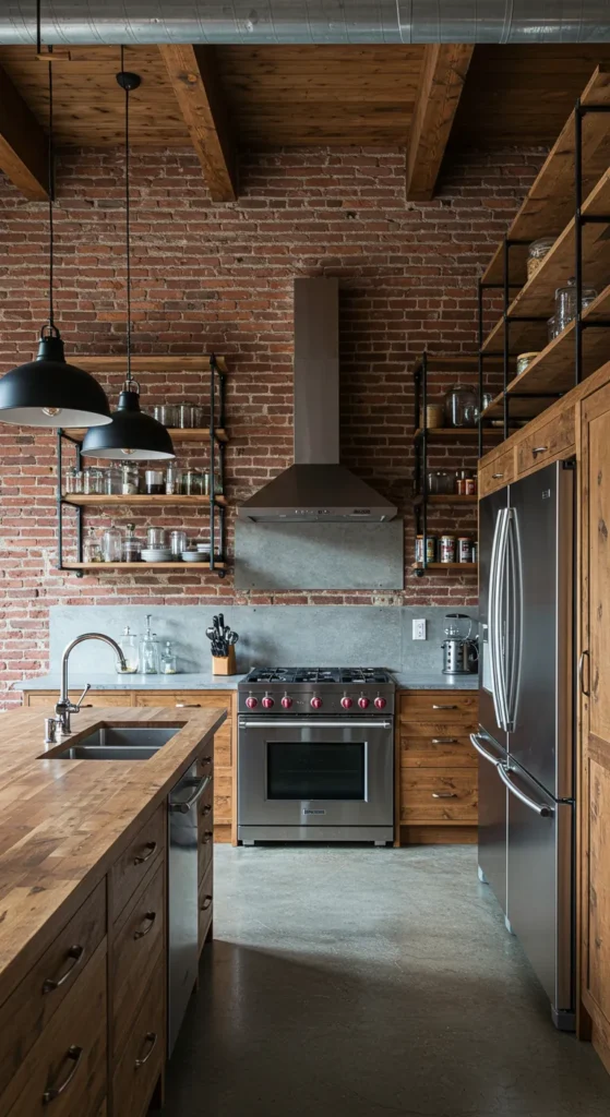 7 Open Kitchen Ideas for Modern, Stylish Homes Industrial kitchen with exposed brick and open shelving