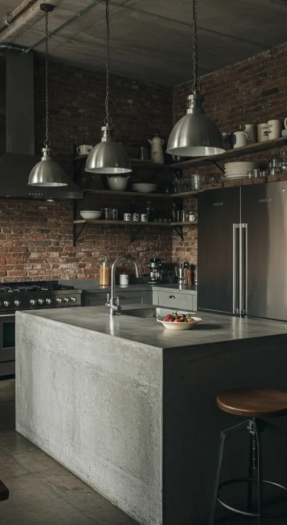 10 Stylish Kitchen Decor Ideas for New Homes Industrial-style kitchen with brick walls and metal accents