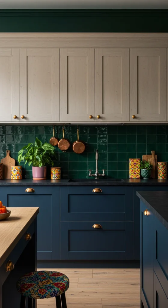 Jewel-toned kitchen with navy cabinets and green tile backsplash