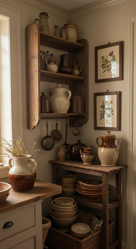 8 Amazingly Simple Earthy Kitchen Ideas Kitchen decor with vintage tools and botanical art