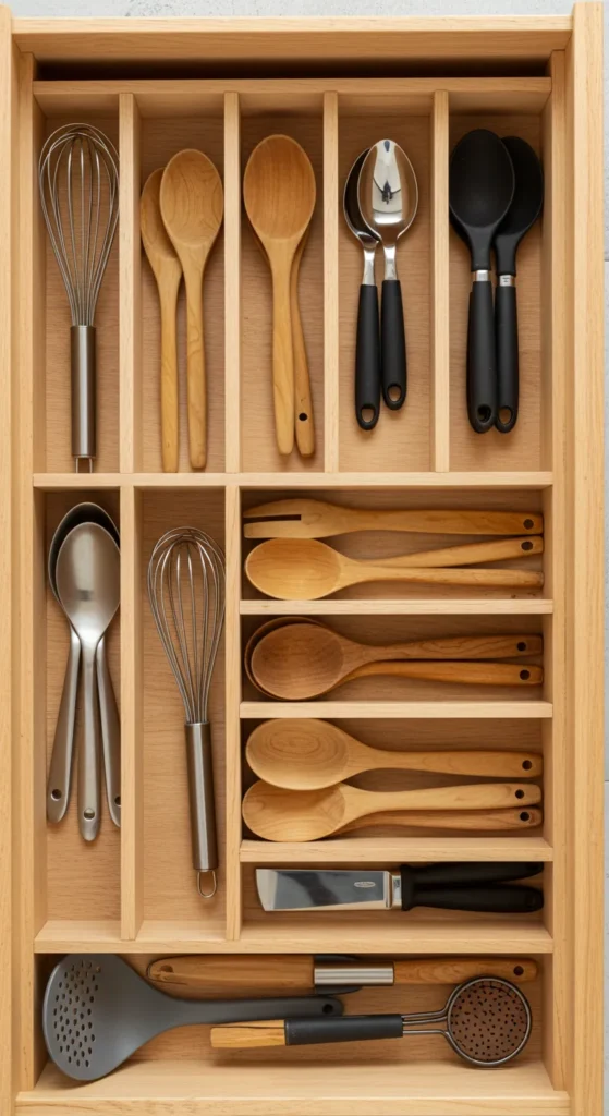 8 Minimalist Kitchen Organization Ideas For A Chic Space Kitchen drawer with neat compartments and utensils