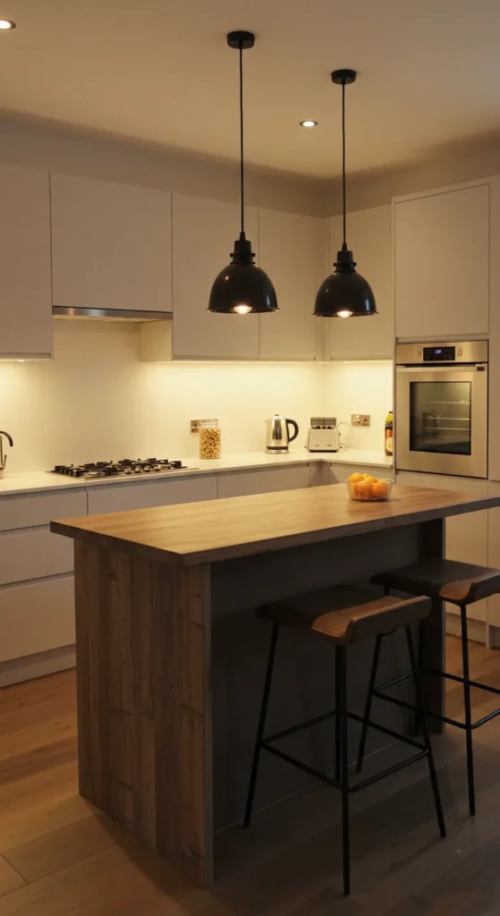 6 Best Cost-Effective Modular Kitchen Design Ideas Kitchen lit with LED strips and stylish pendant lighting
