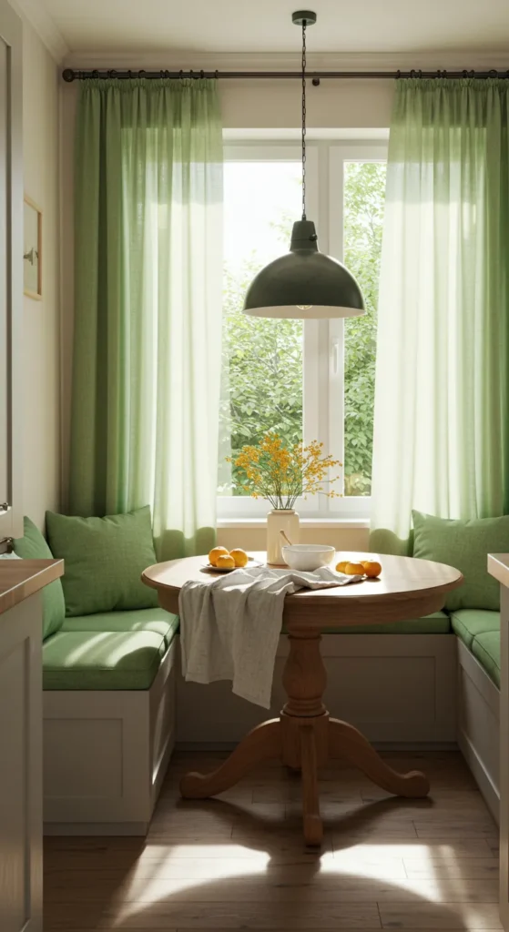 10 Sage Green Kitchen Ideas to Elevate Your Space Kitchen nook with sage green curtains and cushions