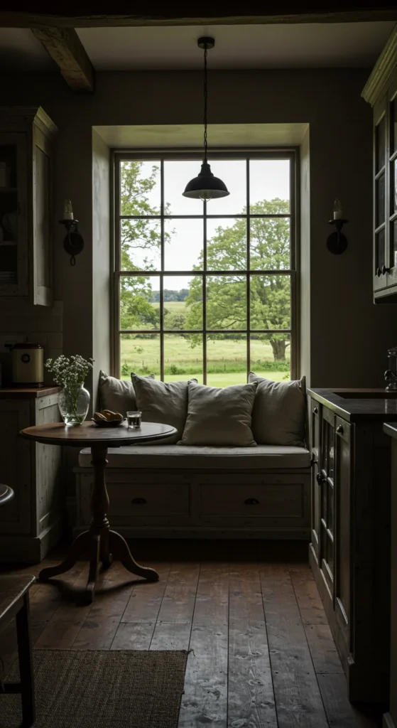 8 Irresistible Moody Kitchen Ideas Kitchen nook with window seat and small round table