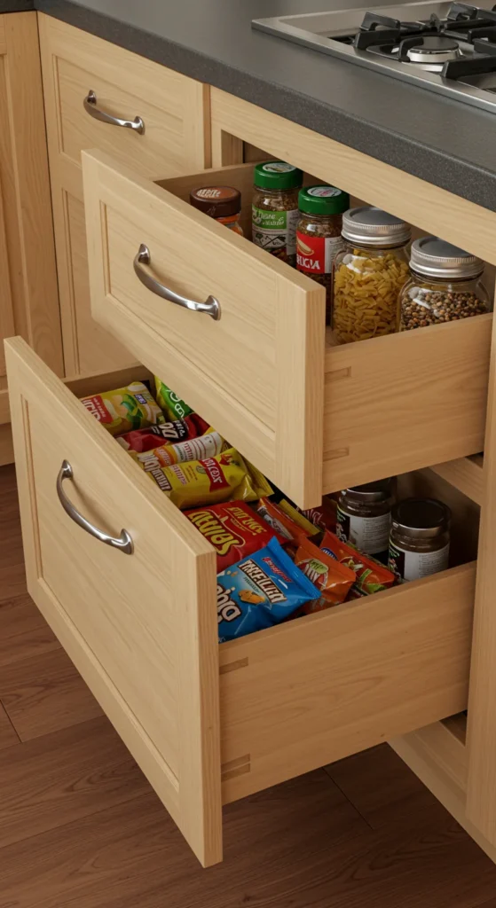 10 Kitchen Pantry Designs for a Clutter-Free Kitchen Kitchen pull-out drawers with neatly stored food items