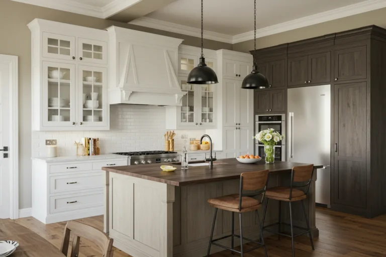Kitchen showcasing six elegant cabinet styles in one cohesive design