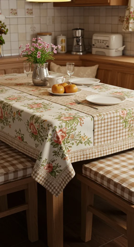 11 Cozy Kitchen Ideas to Warm Up Your Cooking Space Kitchen textiles with tablecloth and cushions