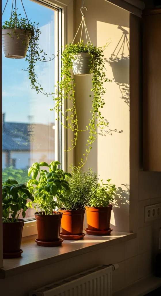 8 Amazingly Simple Earthy Kitchen Ideas Kitchen window with herbs and leafy green plants