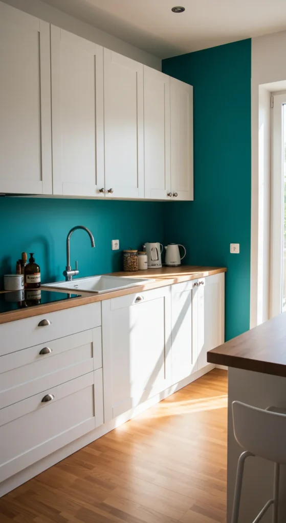 8 Kitchen Accent Wall Ideas Kitchen with a bold teal accent wall and white cabinetry
