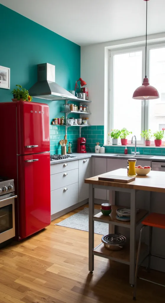 9 Kitchen Aesthetic Ideas That Will Instantly Transform Your Space Kitchen with bold teal wall and red fridge
